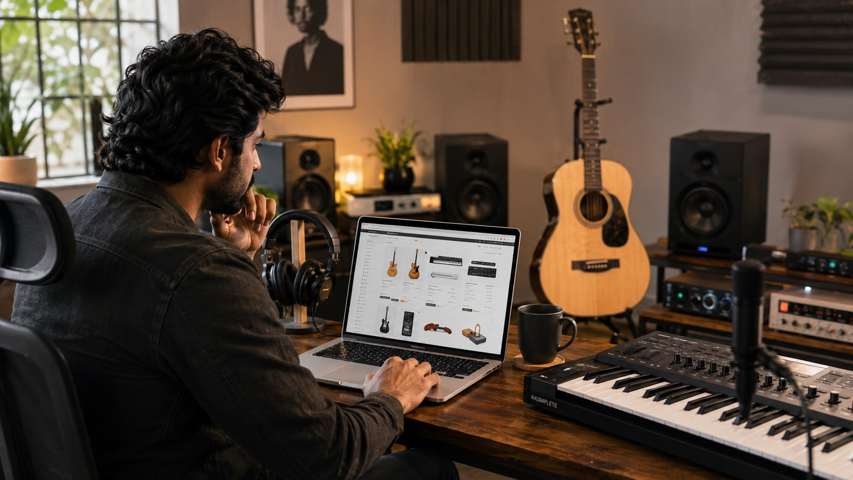 Musician comparing musical instruments online before purchase